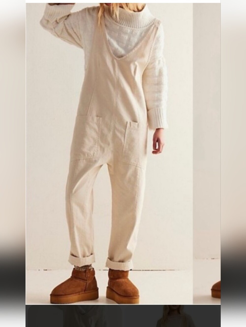 Wishlist Cream V-Neck Open Back 100% Cotton Overalls Jumpsuit - Women's Sz M